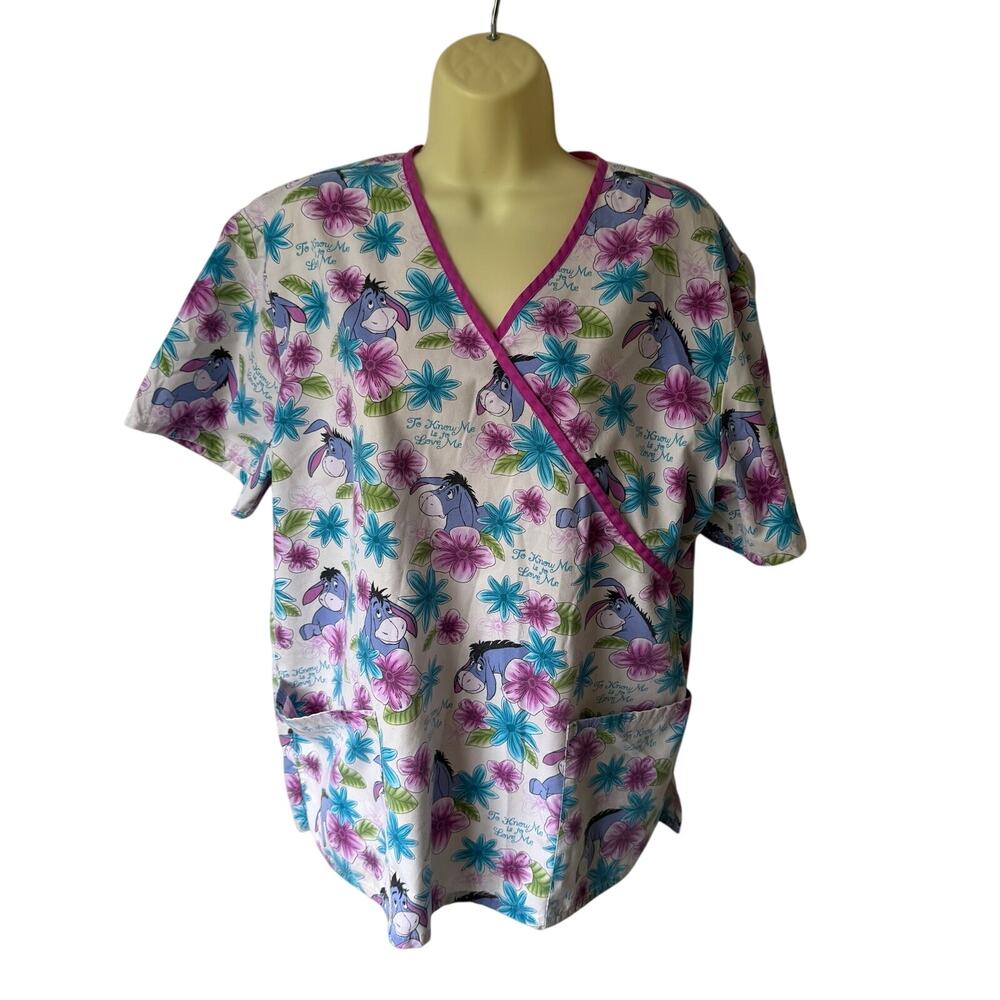 Disney Eeyore Winnie the Pooh Patterned Scrub Shirt Size Large